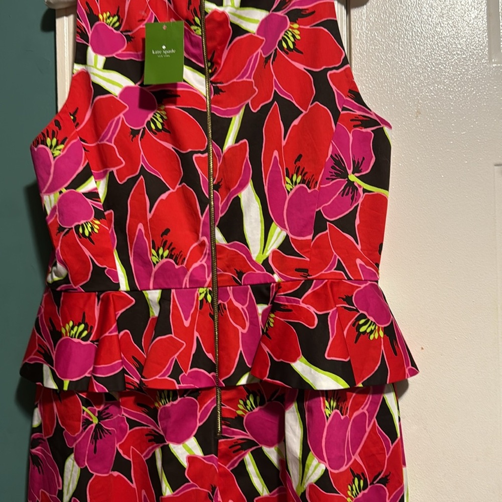 KATE SPADE Sz 14 RIO SLEEVELESS PEPLUM DRESS SHEATH Floral TROPICAL RED/PINK. - Picture 11 of 16